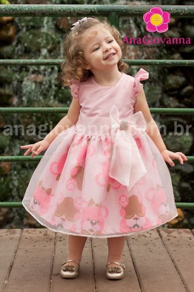 Vestido Infantil de Festa Ursas Marrom e rosa