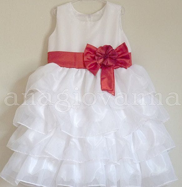 Vestido Infantil de Festa Branco com Lao Vermelho