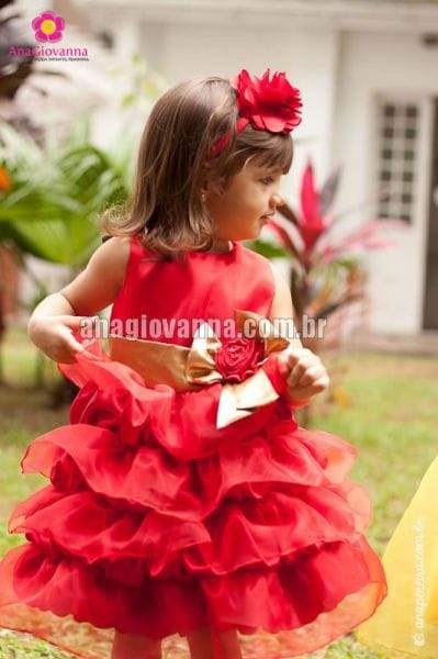 Vestido Princesa Infantil Vermelho com Dourado