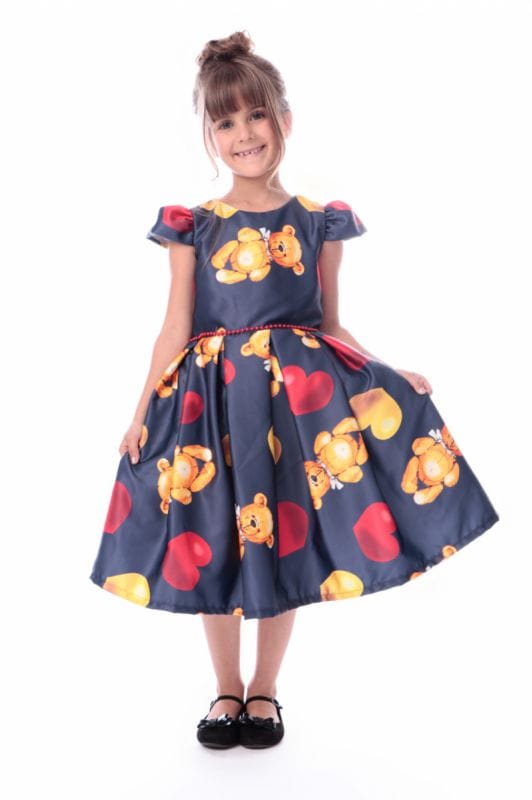 Vestido Infantil Luxo Ursinhos e Coraes