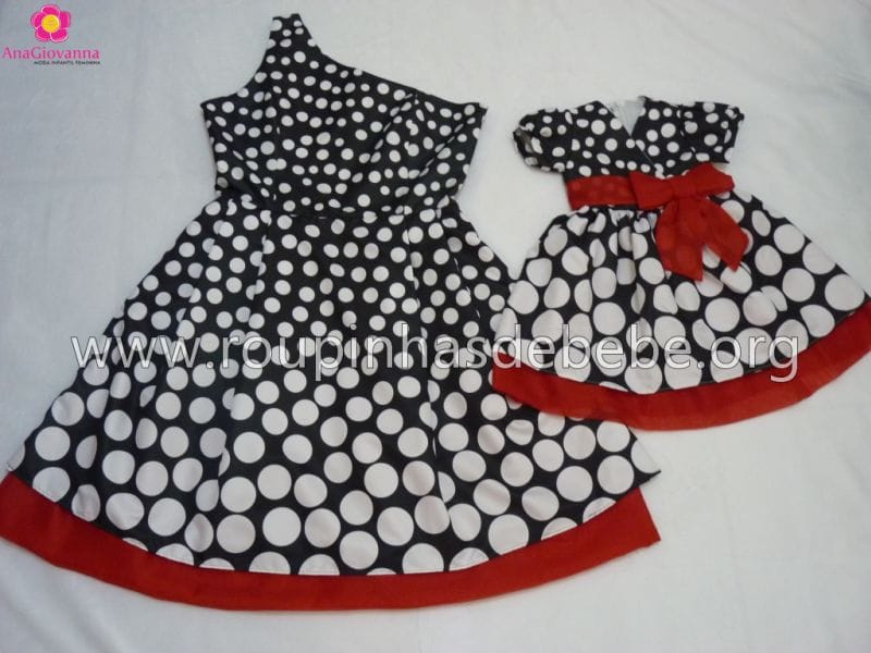 Vestidos Me e Filha Preto de Bolas Brancas Degrad