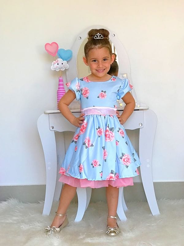 Vestido para Festa Infantil Azul Floral