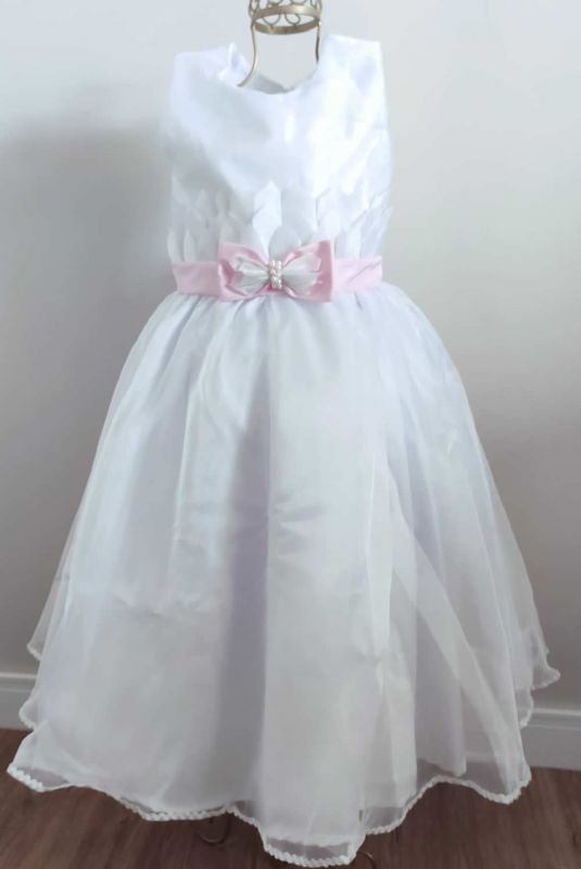 Vestido de Daminha Branco Com Lao Rosa