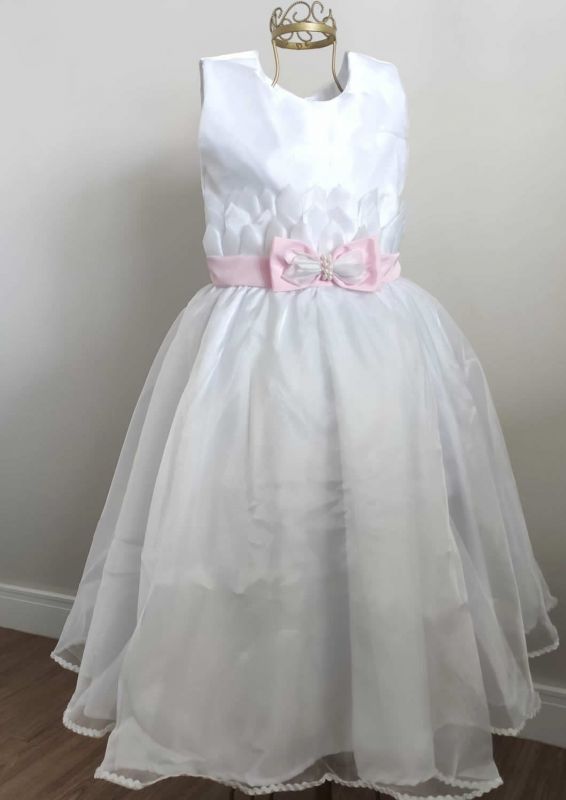 Vestido de Daminha Branco Com Lao Rosa