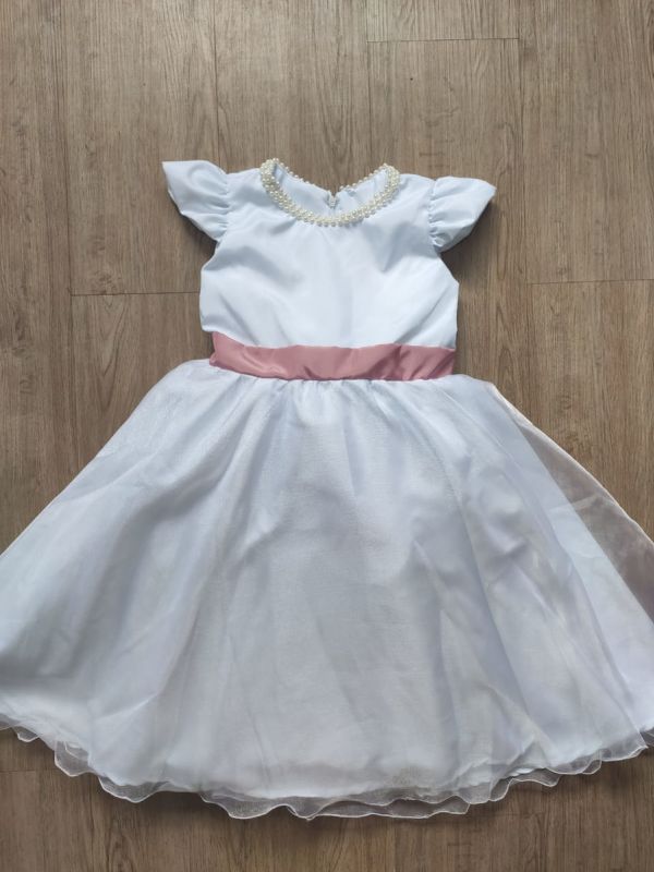 Vestido Infantil Daminha Branco com Lao Rose