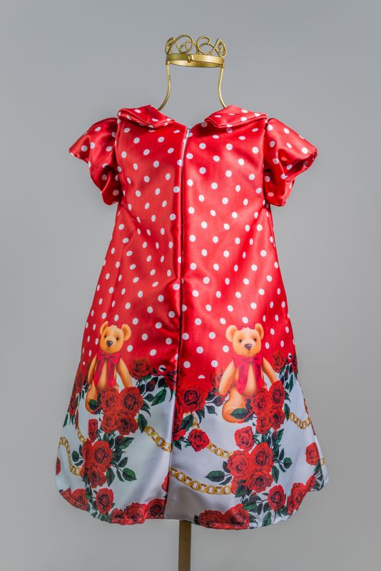 Vestido Infantil Ursinho E Floral Vermelho