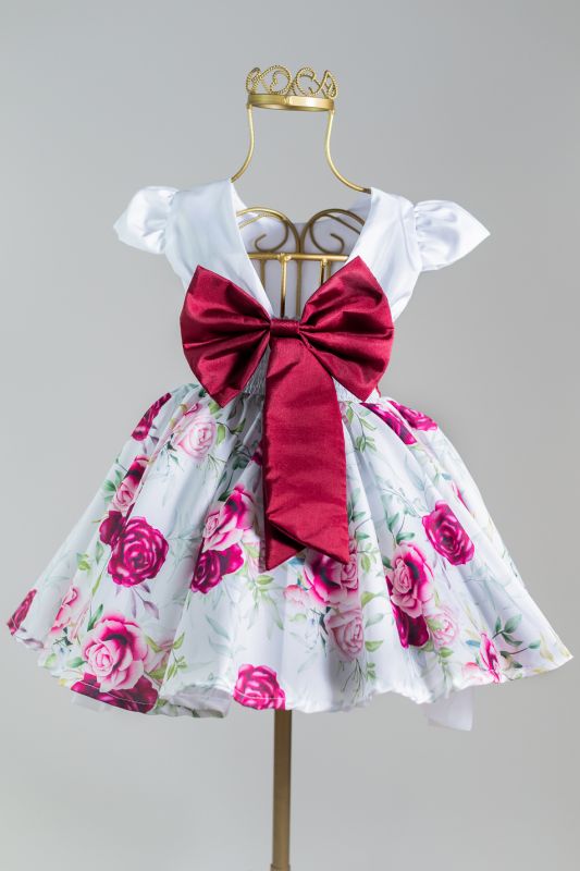 Vestido Infantil Floral Branco com Marsala