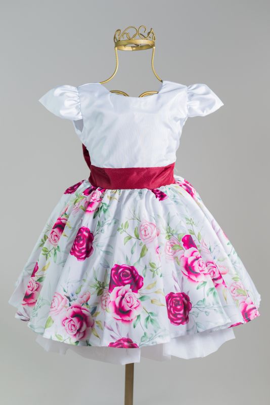 Vestido Infantil Floral Branco com Marsala