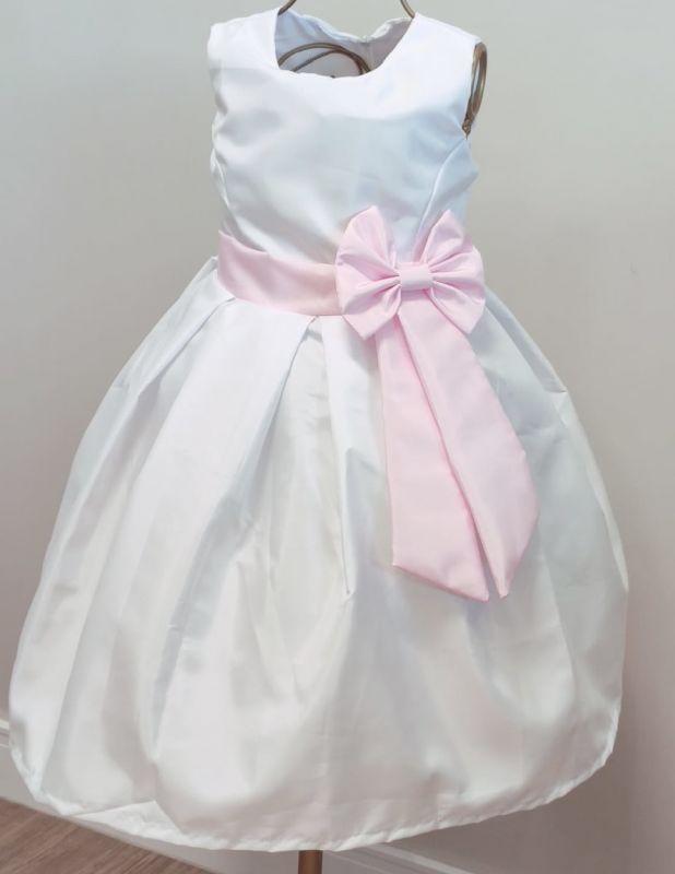 Vestido Infantil Branco Com Lao Rosa