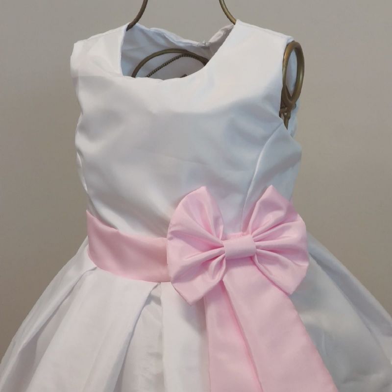 Vestido Infantil Branco Com Lao Rosa