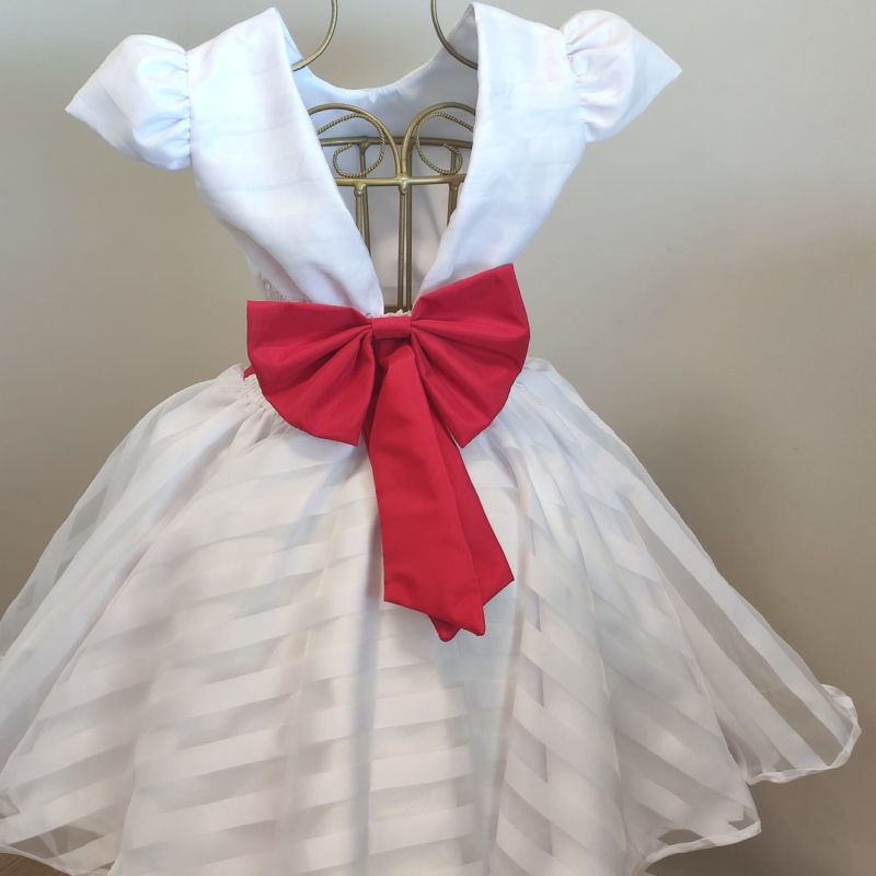 Vestido Infantil Branco Com Lao Vermelho